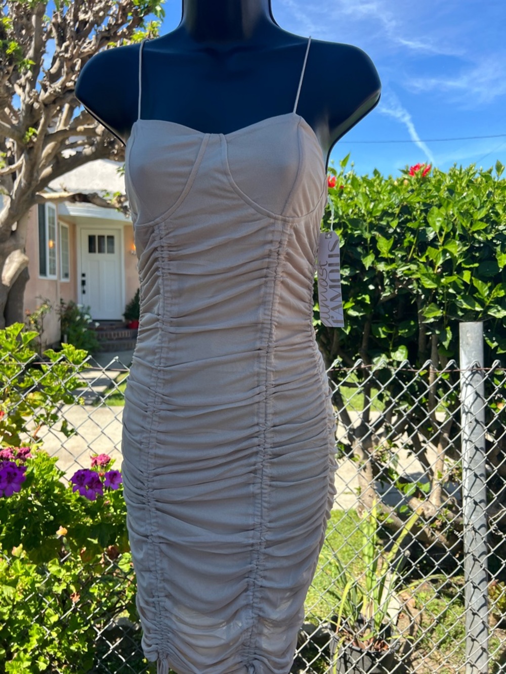 Almost Famous Beige Ruched Mini Slip Dress